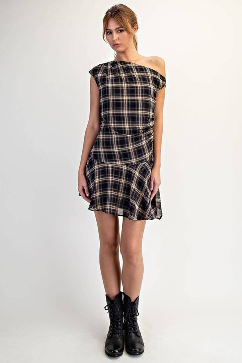 Plaid Woven Asymmetrical Hem Mini Dress