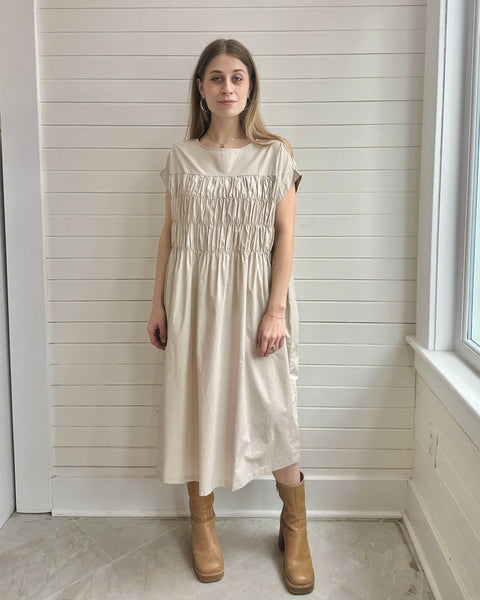 Shirred Cotton Poplin Dress- BEIGE