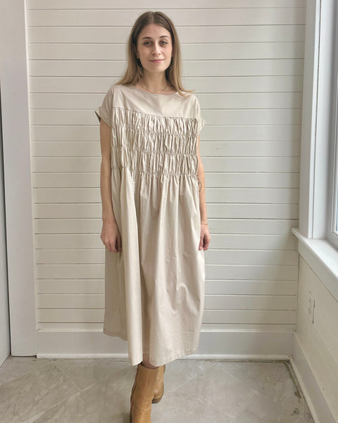 Shirred Cotton Poplin Dress- BEIGE