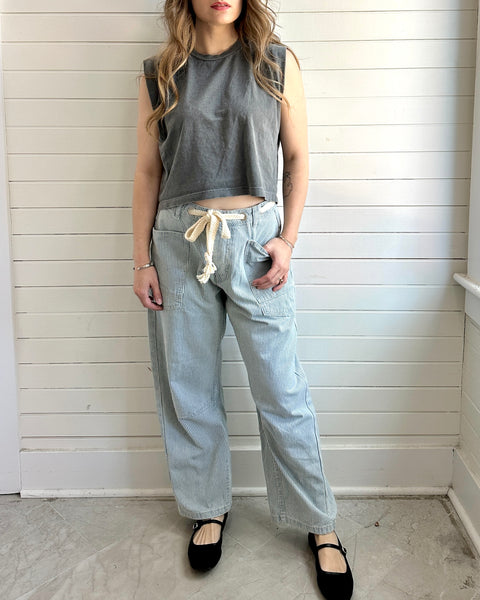 Barrel Denim Stripe Pants with Eyelet Waist
