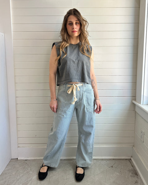 Barrel Denim Stripe Pants with Eyelet Waist