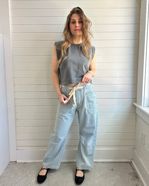 Barrel Denim Stripe Pants with Eyelet Waist