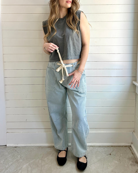Barrel Denim Stripe Pants with Eyelet Waist