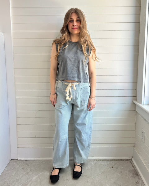 Barrel Denim Stripe Pants with Eyelet Waist