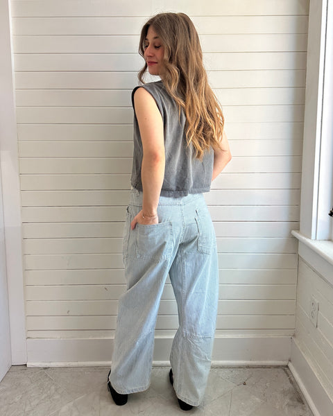 Barrel Denim Stripe Pants with Eyelet Waist
