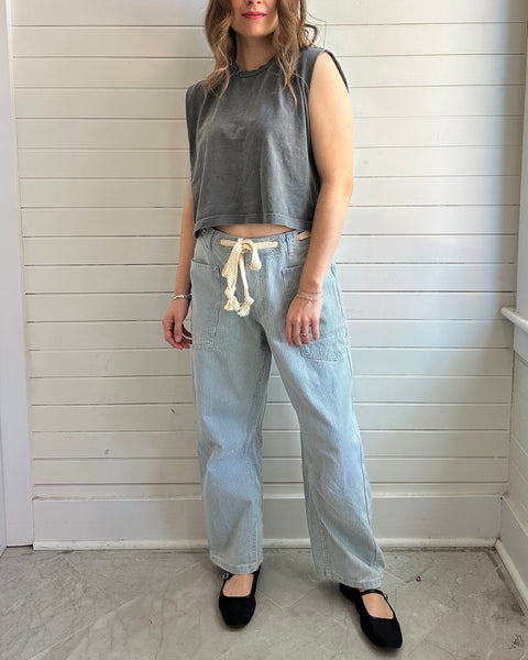 Barrel Denim Stripe Pants with Eyelet Waist