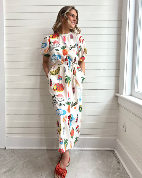 Resort-Style Print Puff Sleeve Slit Dress