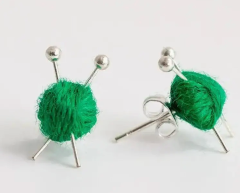 Green Knitting Ball and Needle Earrings Studs