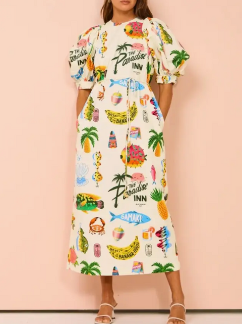 Resort-Style Print Puff Sleeve Slit Dress