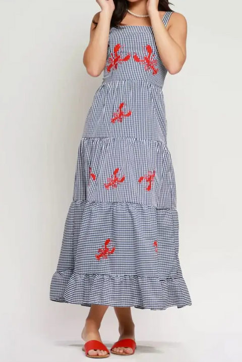 Embroidered Lobster Gingham Tiered Dress