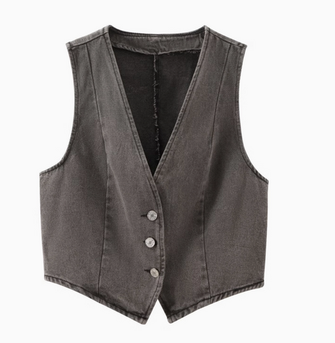 Cropped Button Front Denim Vest