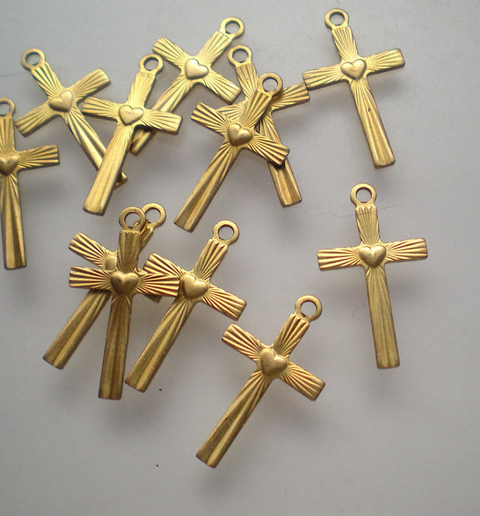 Brass Heart-burst Cross Charm