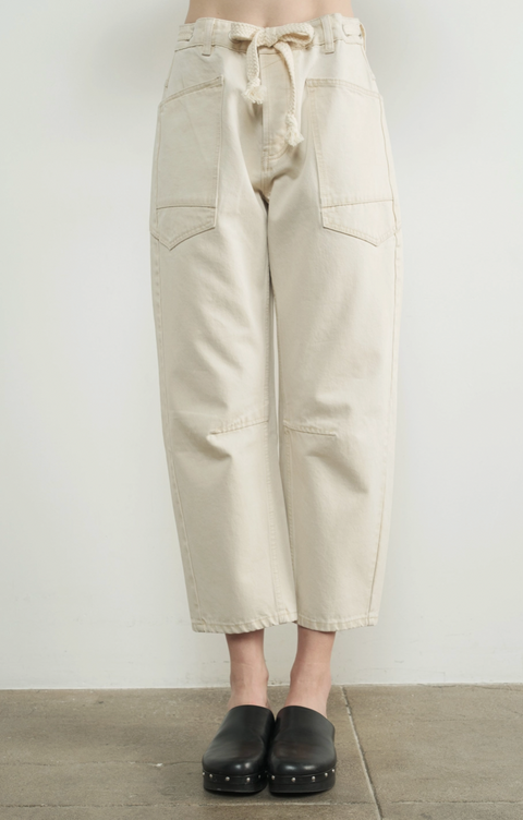 Barrel Denim Pants with Eyelet Waist Cream