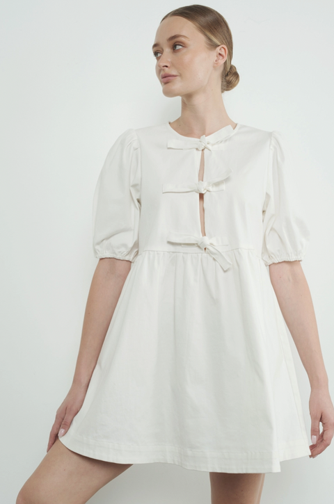 Denim tie Babydoll Dress -White