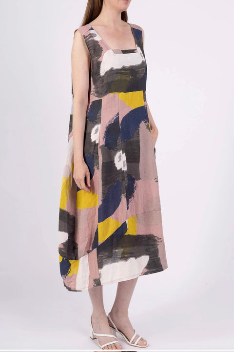 Linen Abstract Painter Print Midi Dress