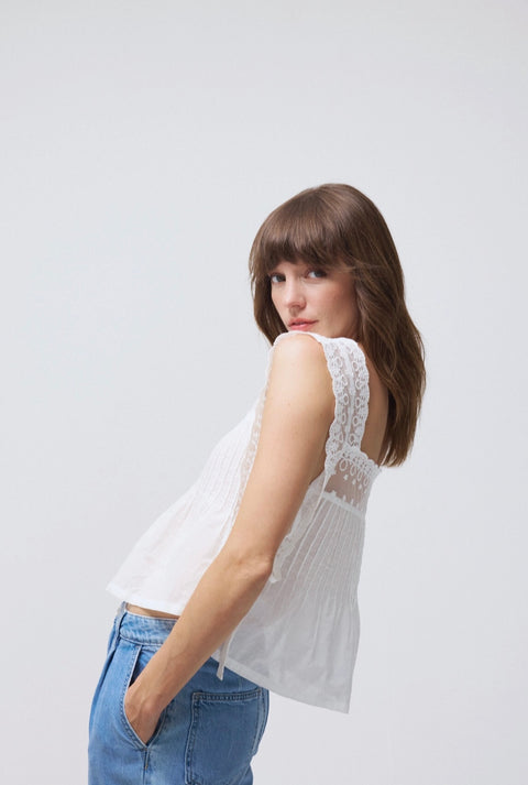 Embroidered Lace Tie-Sides Cotton Top