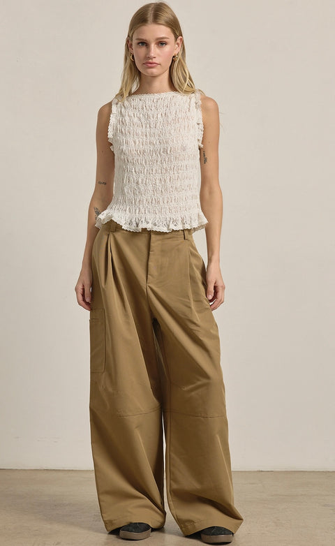 Smocked Lace Trim Sleeveless Top