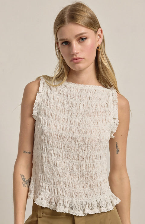 Smocked Lace Trim Sleeveless Top