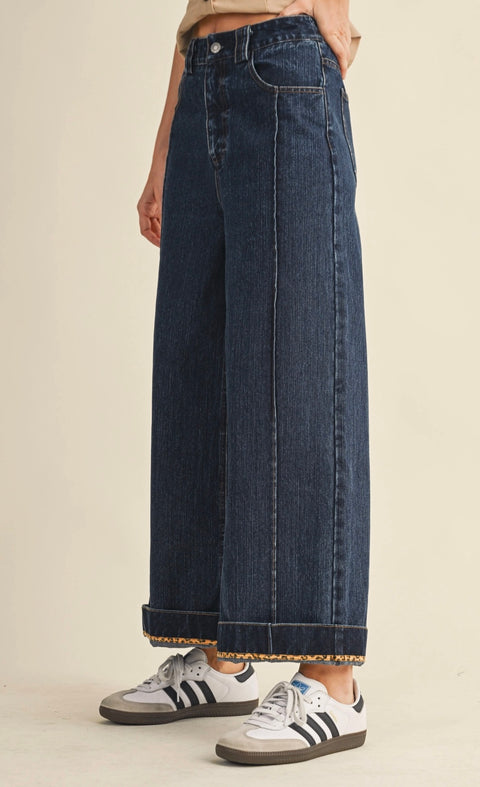 Jackie Leopard Contrast Hem Roll Up Denim Jeans