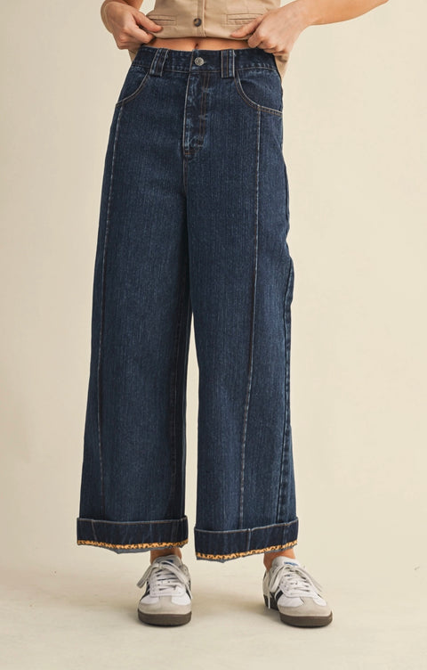 Jackie Leopard Contrast Hem Roll Up Denim Jeans