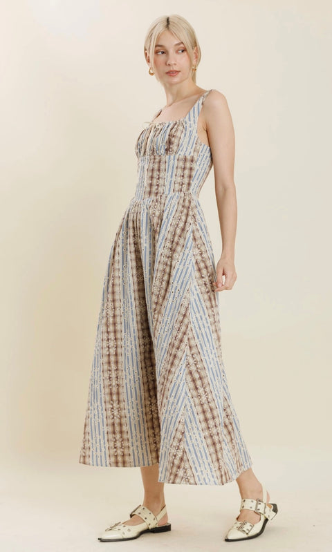 Square Neck Corset Embroidered Pattern Midi Dress