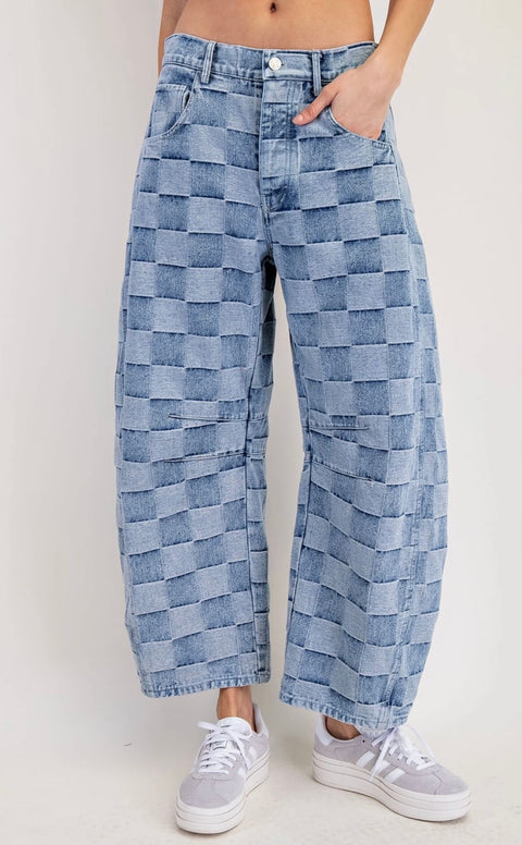 Jenny Mineral Washed Check Print Barrel Jeans