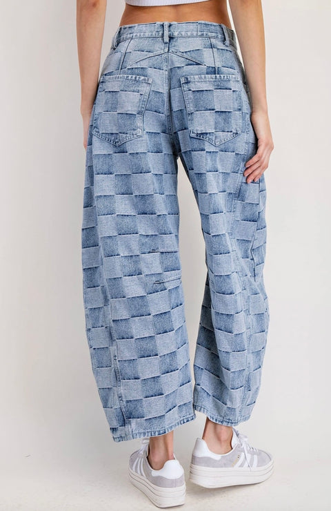 Jenny Mineral Washed Check Print Barrel Jeans