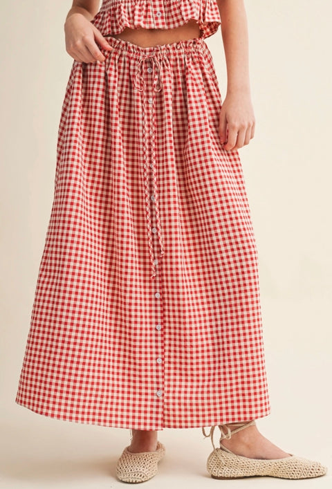 Gingham Pattern Button Front Long Skirt