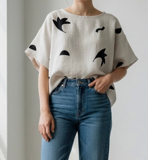 Linen Top Oat Block Print