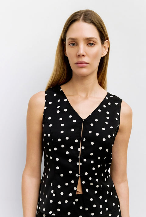 The Kelly Top -Satin Polka Dot Button-Up Tank Top