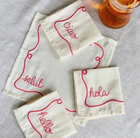 Hi! Embroidered Cocktail Napkin Set