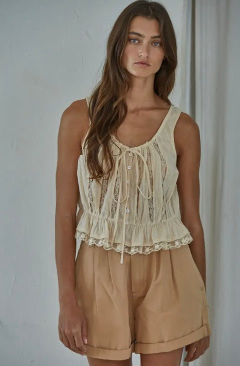 Woven Sleeveless Lace Button Top