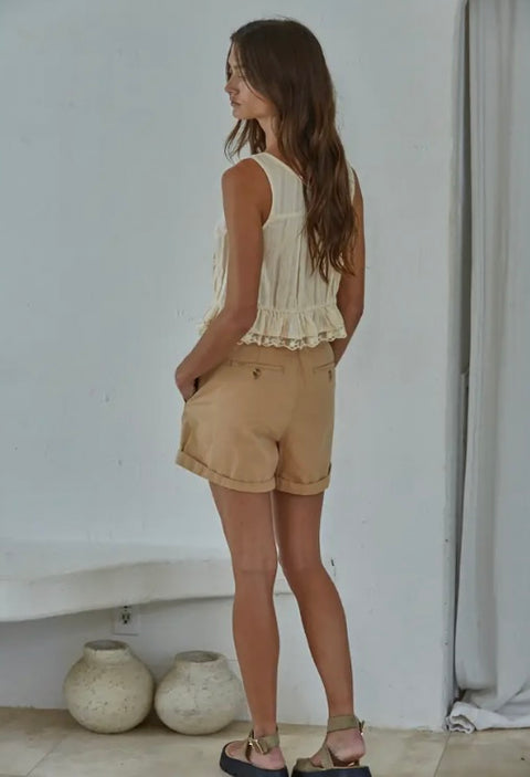 Woven Sleeveless Lace Button Top