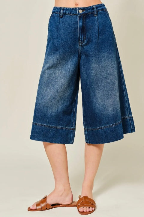 Denim Pleated Wide Leg Shorts