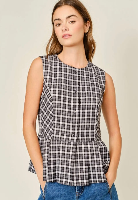 Pleated Plaid Buttondown Vest