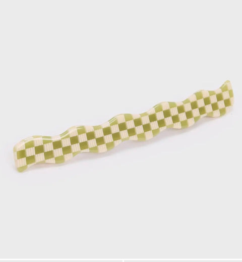 Skinny Wave Barrette in Olive Check