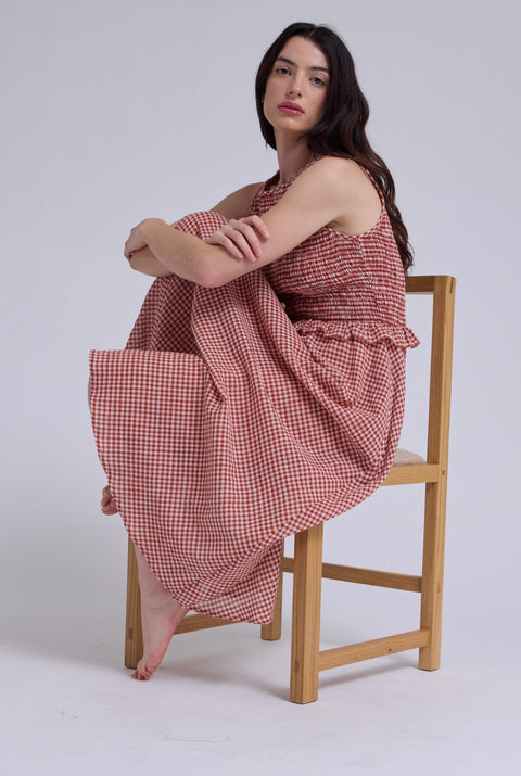 Sleeveless Smocking Top Gingham Dress