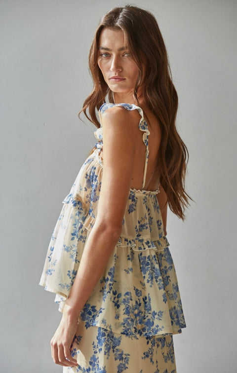 Chiffon Floral Print Ruffled Top