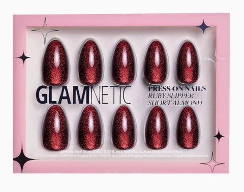 Ruby Slipper Press-On Nails | Short Almond Sparkle Red