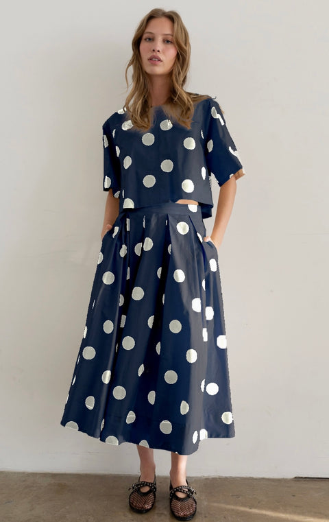 Polka Dot Pleated Midi Skirt