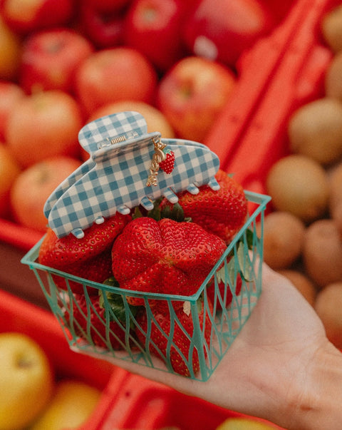 Blue Gingham Strawberry Charm Hair Claw Clip