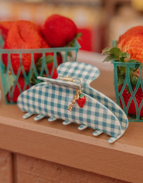 Blue Gingham Strawberry Charm Hair Claw Clip