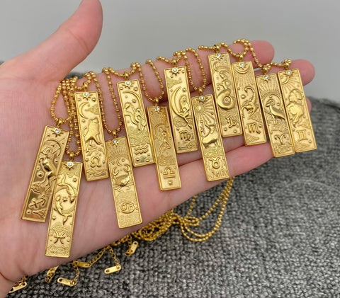 Rectangular Golden Zodiac Signs Charm Necklace-Options