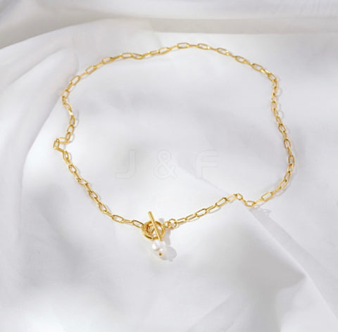 Gold Pearl Clasp Paper clip Chain Necklace
