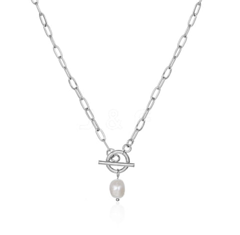 Silver Pearl Clasp Paper clip Chain Necklace