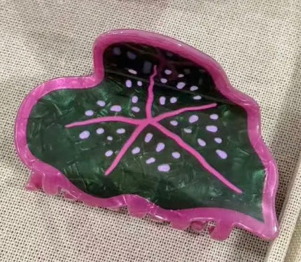 Vibrant Green & Pink Caladium Leaf Plant Hair Clip