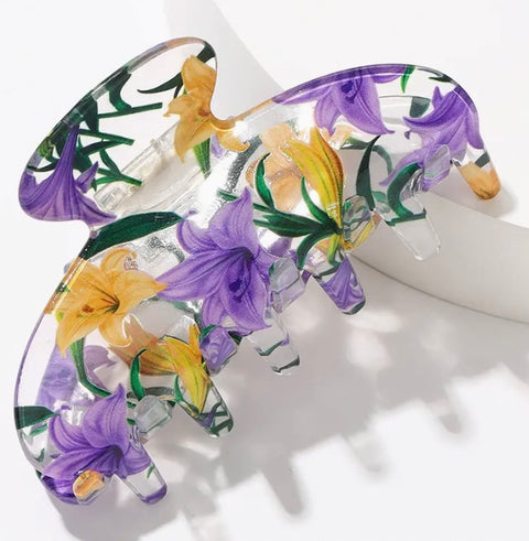 Vibrant Lily Pattern Hair Claw, Floral Print Hair Accessory
