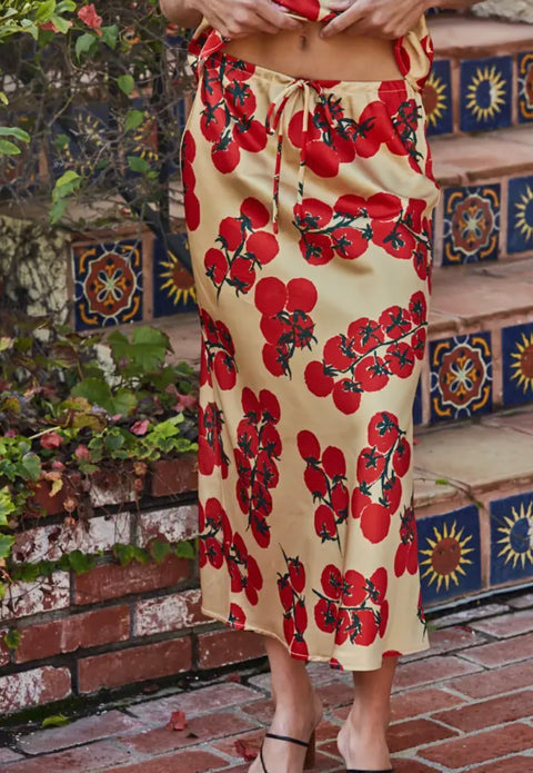 Woven Satin Tomato Print Skirt
