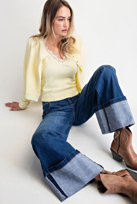 High-Rise Cuffed Wide Leg Jeans