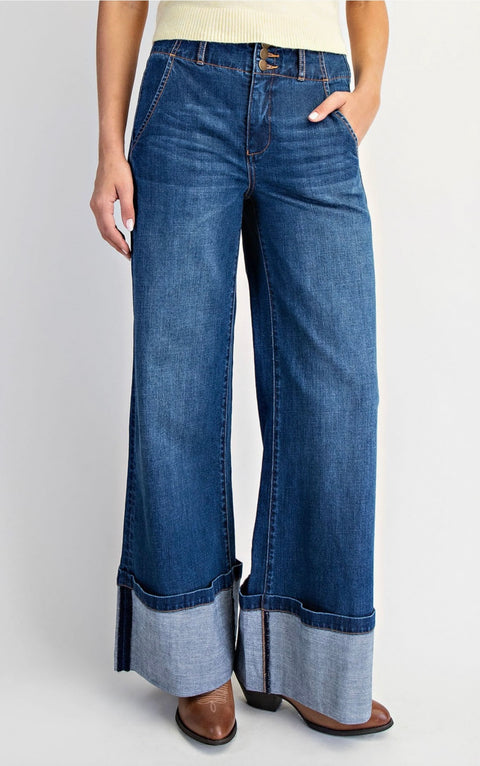 High-Rise Cuffed Wide Leg Jeans